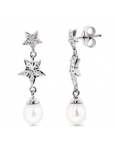 18K PENDIENTES ORO BLANCO CON ESTRELLAS Y PERLA CIERRE PRESION