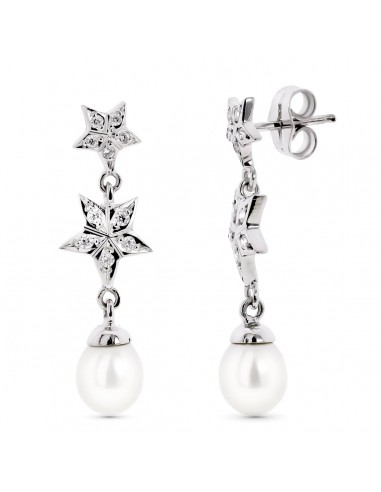 18K PENDIENTES ORO BLANCO CON ESTRELLAS Y PERLA CIERRE PRESION