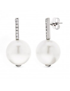 18K PENDIENTES ORO BLANCO LARGOS PERLA 14 MM Y CIRCONITA CIERRE PRESION