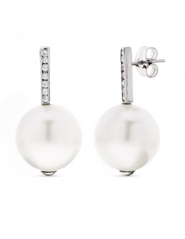 18K PENDIENTES ORO BLANCO LARGOS PERLA 14 MM Y CIRCONITA CIERRE PRESION