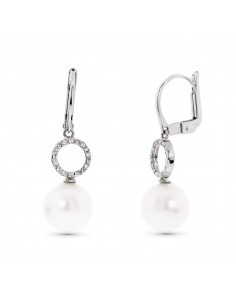 18K PENDIENTES ORO BLANCO MOTIVO REDONDO Y PERLA 9 MM CIERRE CATALAN