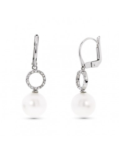 18K PENDIENTES ORO BLANCO MOTIVO REDONDO Y PERLA 9 MM CIERRE CATALAN