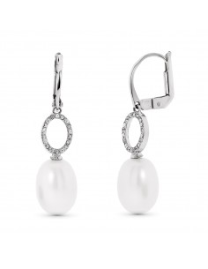 18K PENDIENTES ORO BLANCO MOTIVO OVAL Y PERLA 9 MM CIERRE CATALAN