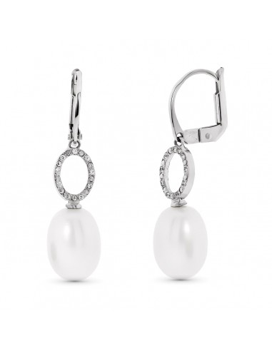 18K PENDIENTES ORO BLANCO MOTIVO OVAL Y PERLA 9 MM CIERRE CATALAN