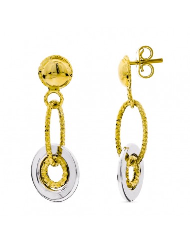 18K PENDIENTES ORO BICOLOR LARGOS CON MOTIVOS REDONDOS Y BOLA LISACIERRE PRESION