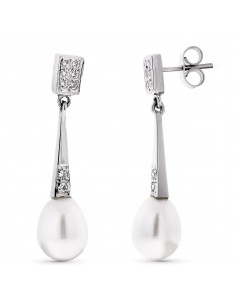 18K PENDIENTES ORO BLANCO LARGOS PERLA Y CIRCONITA CIERRE PRESION