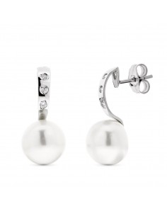 18K PENDIENTES ORO BLANCO PERLA BOTON Y CIRCONITA CIERRE PRESION