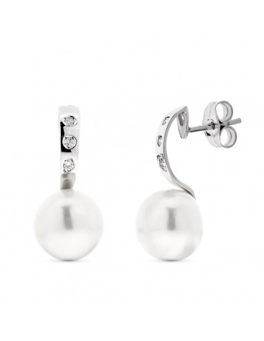 18K PENDIENTES ORO BLANCO PERLA BOTON Y CIRCONITA CIERRE PRESION