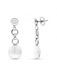18K PENDIENTES ORO BLANCO LARGOS PERLA 10 MM Y CHATON CIRCONITA CIERRE PRESION