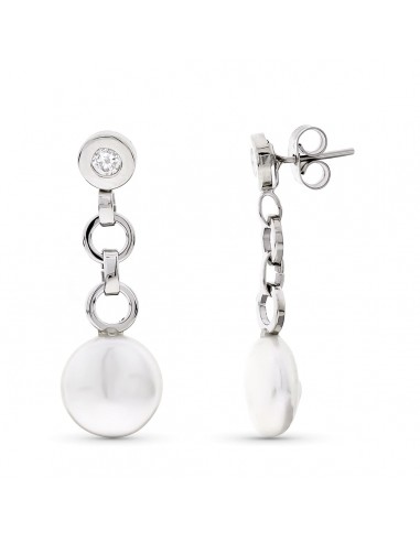 18K PENDIENTES ORO BLANCO LARGOS PERLA 10 MM Y CHATON CIRCONITA CIERRE PRESION