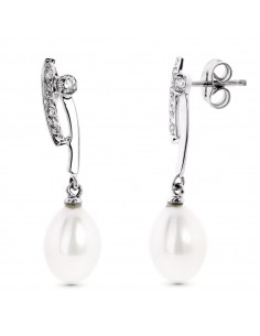 18K PENDIENTES ORO BLANCO LARGOS CON CIRCONITA Y PERLA CIERRE PRESION