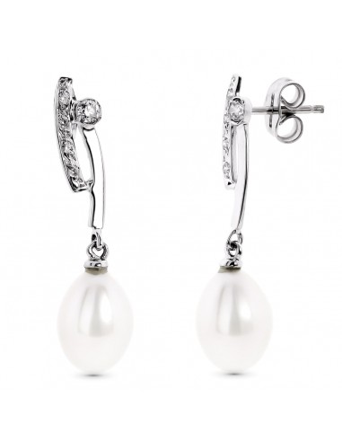 18K PENDIENTES ORO BLANCO LARGOS CON CIRCONITA Y PERLA CIERRE PRESION