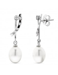 18K PENDIENTES ORO BLANCO LARGOS PERLA PERA Y CIRCONITA CIERRE PRESION