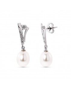18K PENDIENTES ORO BLANCO PERLA PERA Y CIRCONITA CIERRE PRESION