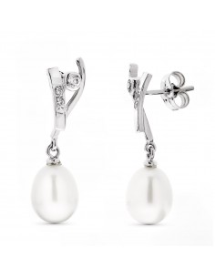 18K PENDIENTES ORO BLANCO LARGOS PERLA PERA Y CIRCONITA CIERRE PRESION