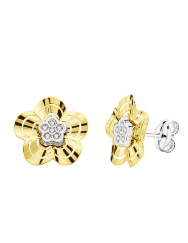 18K PENDIENTES ORO BICOLOR FLOR CIRCONITAS 10 MM