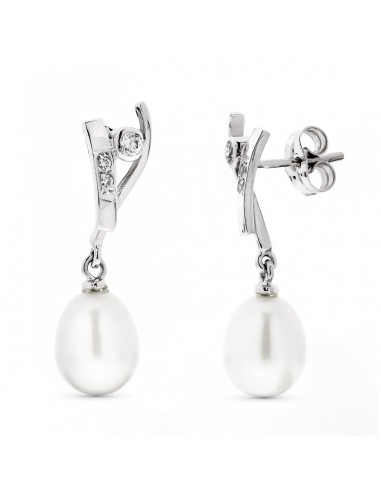 18K PENDIENTES ORO BLANCO LARGOS PERLA PERA Y CIRCONITA CIERRE PRESION