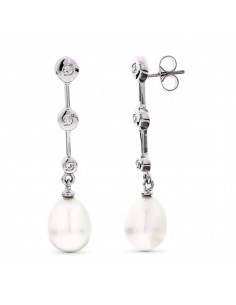 18K PENDIENTES ORO BLANCO LARGOS PERLA Y CIRCONITA CIERRE PRESION