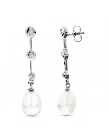 18K PENDIENTES ORO BLANCO LARGOS PERLA Y CIRCONITA CIERRE PRESION