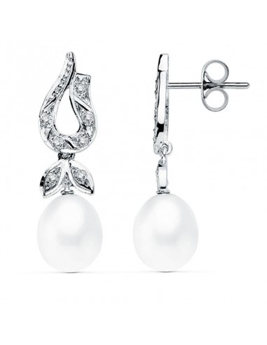 18K PENDIENTES ORO BLANCO PERLA 26X8 MM CIERRE PRESION