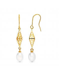 18K PENDIENTES ORO AMARILLO ROMBO 43X7 MM  PERLA CULTIVADA 9X7 MM CIERRE GANCHO