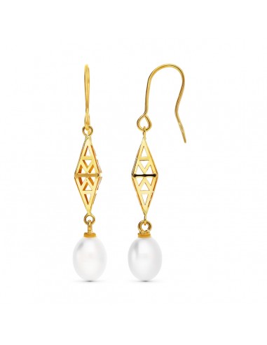 18K PENDIENTES ORO AMARILLO ROMBO 43X7 MM  PERLA CULTIVADA 9X7 MM CIERRE GANCHO