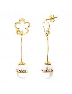 18K PENDIENTES ORO AMARILLO LARGOS CON FLOR PERLA CIERRE PRESION
