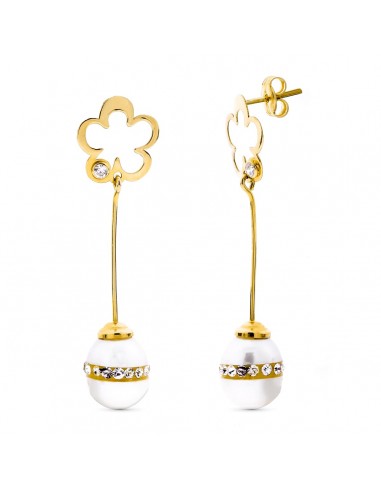 18K PENDIENTES ORO AMARILLO LARGOS CON FLOR PERLA CIERRE PRESION