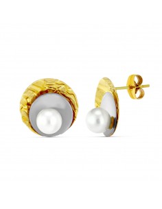 18K PENDIENTES ORO BICOLOR REDONDOS CON PERLAS. CIERRE PRESION