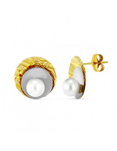 18K PENDIENTES ORO BICOLOR REDONDOS CON PERLAS. CIERRE PRESION