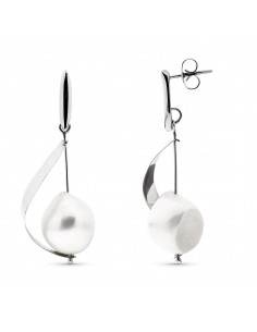 18K PENDIENTES ORO BLANCO LARGOS CON PERLA Y BARRA CIERRE PRESION