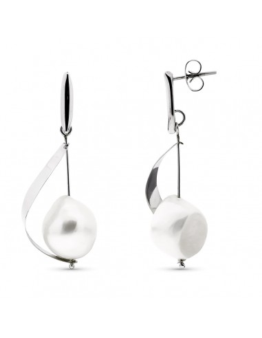 18K PENDIENTES ORO BLANCO LARGOS CON PERLA Y BARRA CIERRE PRESION