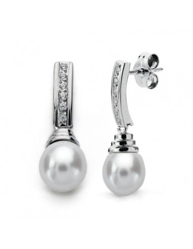 18K PENDIENTES ORO BLANCO PERLA 25X8 MM CIERRE PRESION