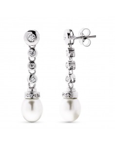 18K PENDIENTES ORO BLANCO LARGO PERLA CIULTIVADA 8 MM Y CIRCONITA TOTAL 30X7 MM CIERRE PRESION