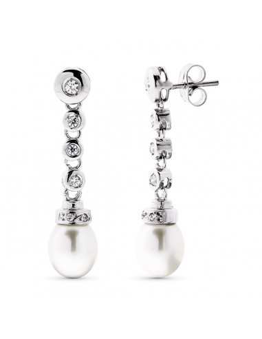 18K PENDIENTES ORO BLANCO LARGO PERLA CIULTIVADA 8 MM Y CIRCONITA TOTAL 30X7 MM CIERRE PRESION