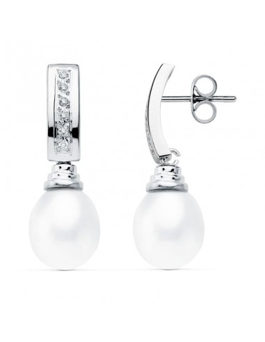 18K PENDIENTES ORO BLANCO PERLA 30X9 MM CIERRE PRESION