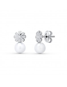 18K PENDIENTES ORO BLANCO PERLA 9X5 MM. CIERRE PRESION