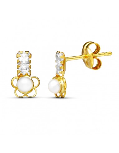 18K PENDIENTES ORO AMARILLO PERLA FLOR 8X5 MM CIERRE PRESION