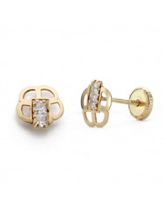 18K PENDIENTES ORO AMARILLO FLOR CIRCONITA 6.5 MM CIERRE TUERCA