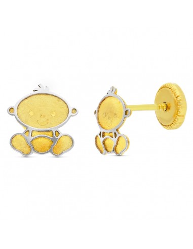 18K PENDIENTES ORO BICOLOR NIÑO LASER. 7X7 MM CIERRE TUERCA