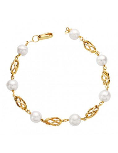 18K PULSERA ORO AMARILLO PERLA REDONDAS DE 8.5 MM Y JAULAS DE ORO 19CM