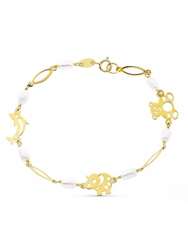 18K PULSERA ORO AMARILLO 17CM FETICHES Y PERLA CULTIVADAS 5 MM