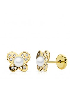 18K PENDIENTES MARIPOSA Y PERLAS. 7,5 X 6,5MM