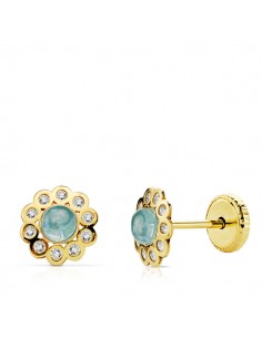 18K PENDIENTES FLOR P. AZUL Y CIRCONITAS TUERCA