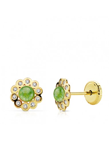 18K PENDIENTES ORO AMARILLO FLOR PIEDRA VERDE Y CIRCONITAS. TUERCA