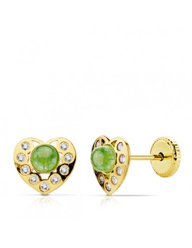 18K PENDIENTES ORO AMARILLO CORAZON PIEDRA VERDE Y CIRCONITAS.TUERCA