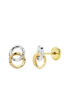 18K PENDIENTES DOS AROS ORO BICOLOR TALLADOS