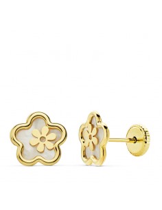 18K PENDIENTES ORO AMARILLO FLOR NACAR 8 MM. TUERCA