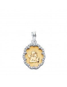 18K COLGANTE ORO BICOLOR ANGELITO BURLON CON CERCO Y CIRCONITA 17X14 MM