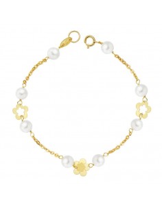 18K PULSERA ORO AMARILLO PERLA Y FLORES 17CM